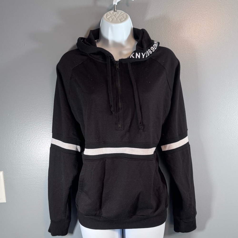 DKNY Black Half-Zip Hoodie Sweatshirt White Stripe Logo Trim Size L